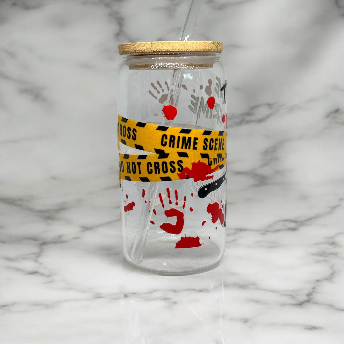 True Crime Glass Tumbler Cup Libbey Can with Straw