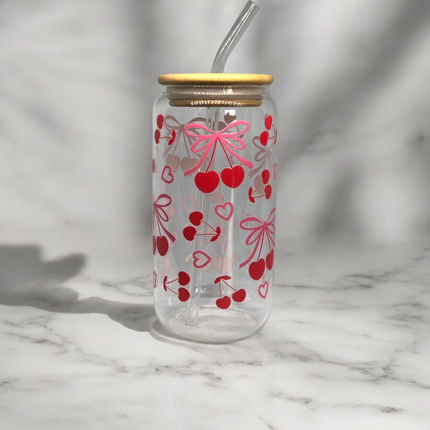 Cherry Bow Glass Tumbler Cup Libbey Can with Straw