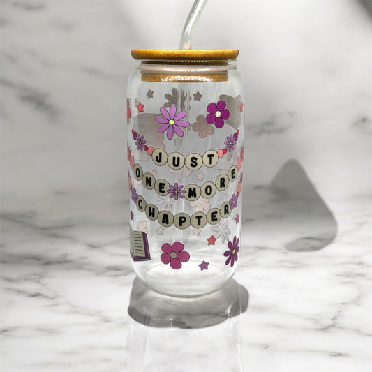 'Just One More Chapter' Glass Tumbler Cup Libbey Can with Straw