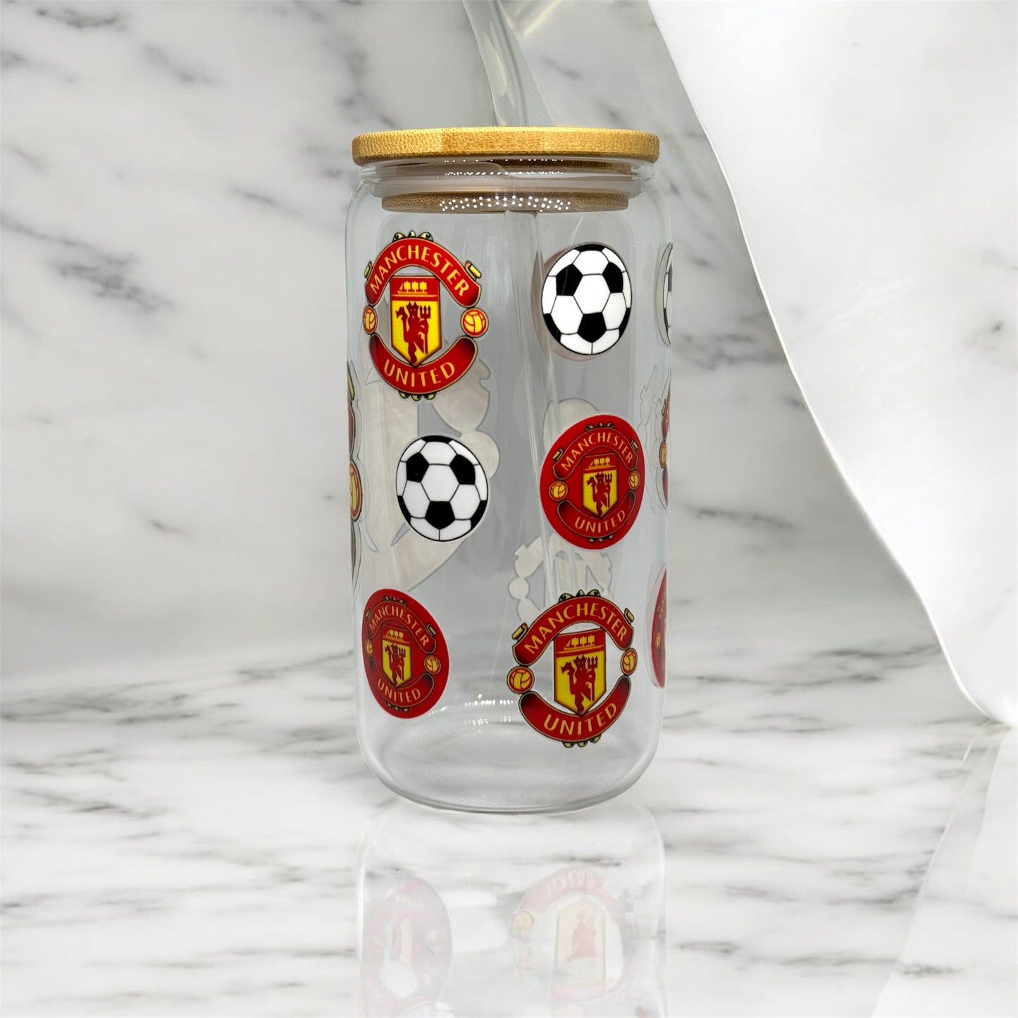 Manchester United Glass Tumbler Cup Libbey Can with Straw