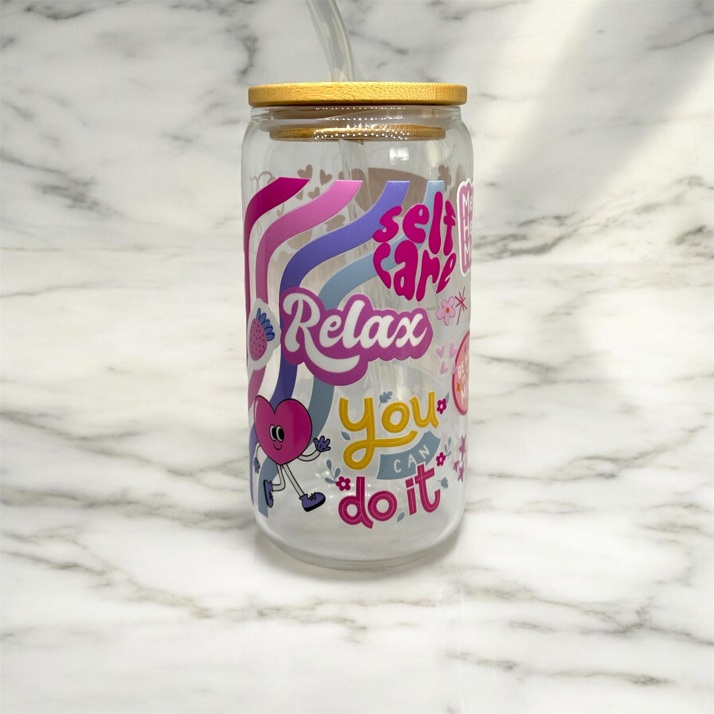 'Self-Care' Glass Tumbler Cup Libbey Can with Straw