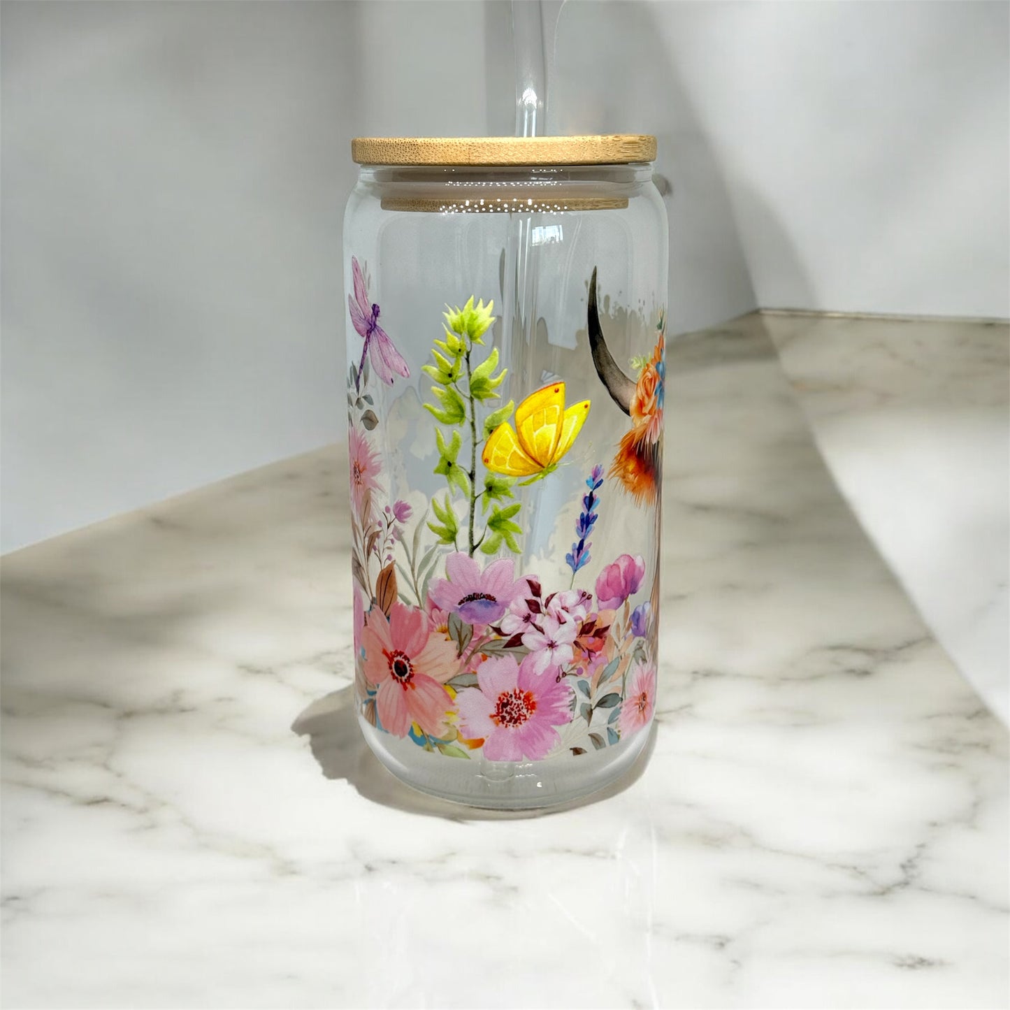 Highland Cow Glass Tumbler Cup Libbey Can with Straw