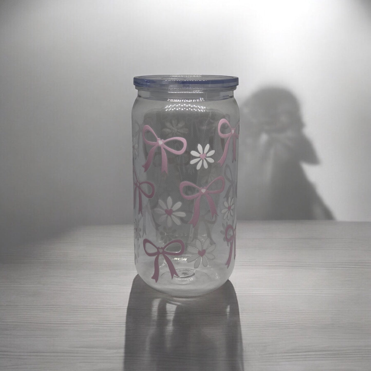 Daisy Bow Glass Tumbler Cup Libbey Can with Straw