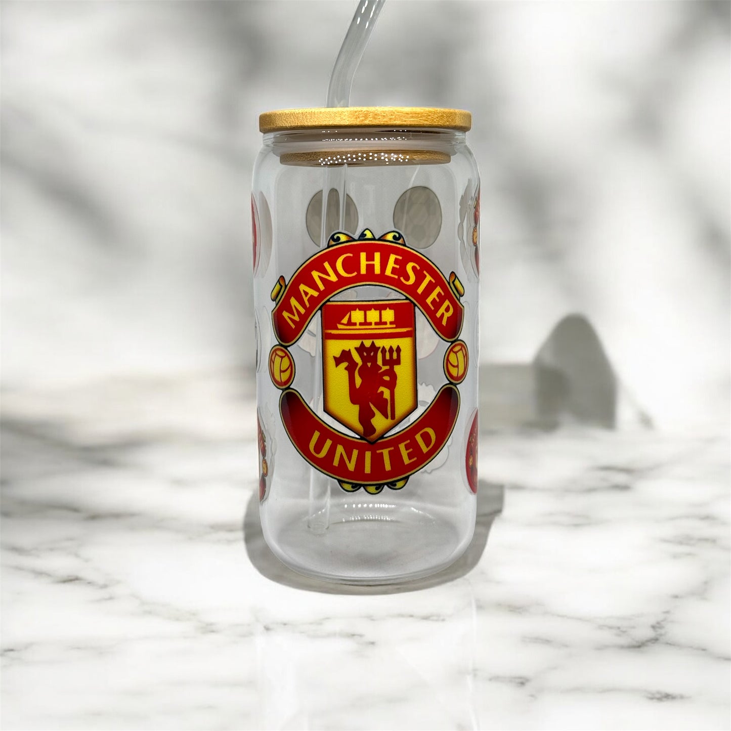 Manchester United Glass Tumbler Cup Libbey Can with Straw