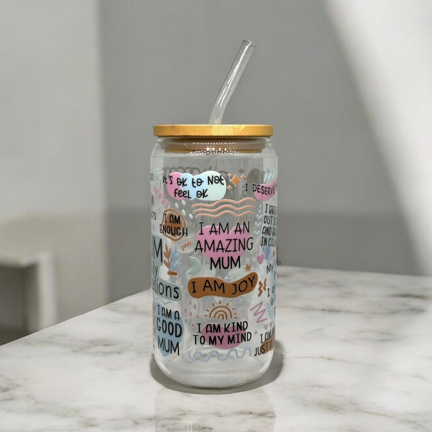 Mum 16oz glass cup with straw
