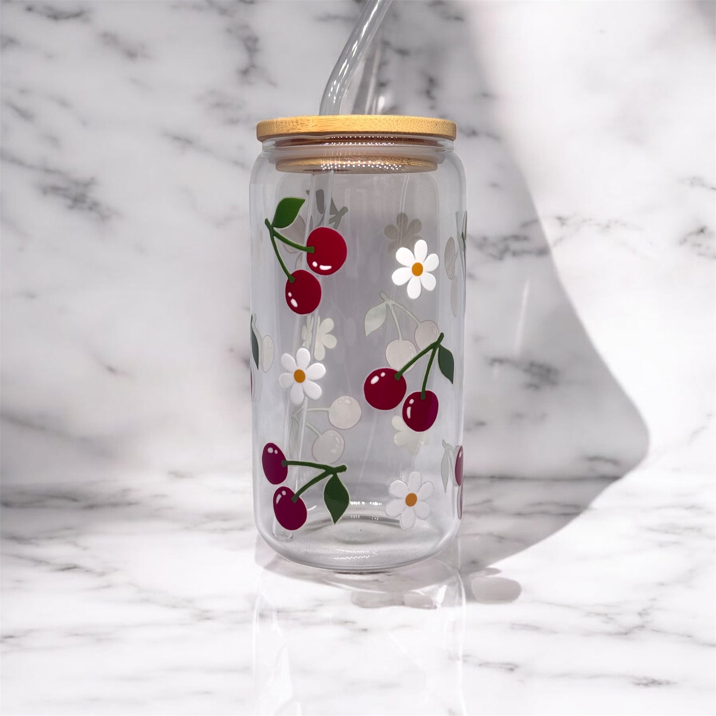 Cherry Glass Tumbler Cup Libbey Can with Straw