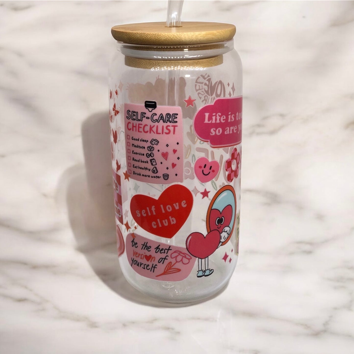 Self Love Glass Tumbler Cup Libbey Can with Straw