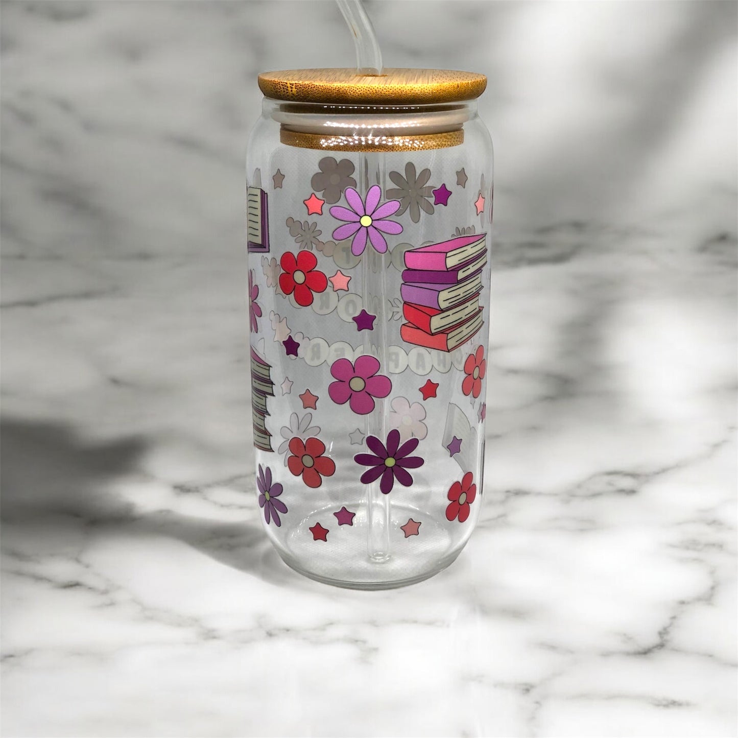 'Just One More Chapter' Glass Tumbler Cup Libbey Can with Straw
