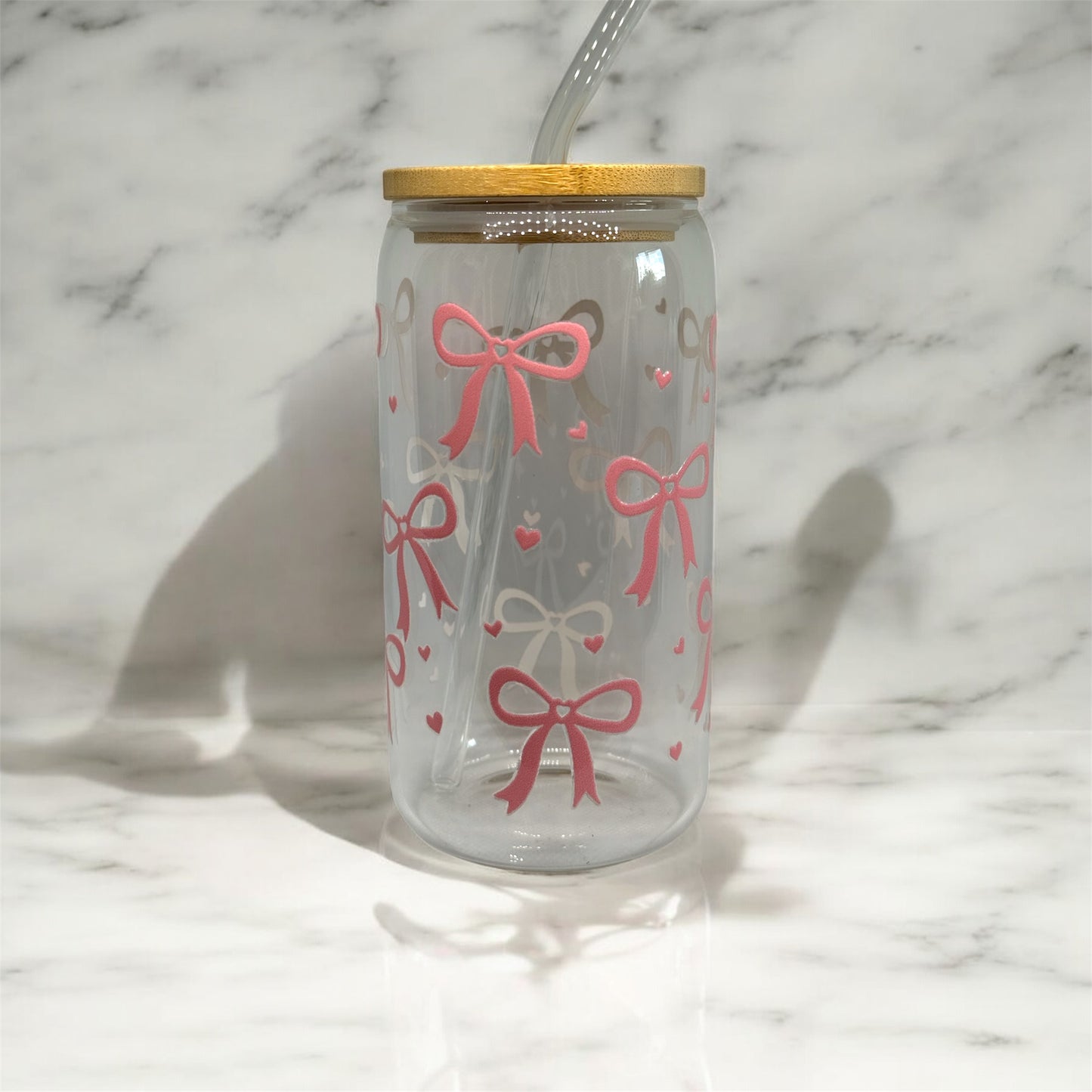 Pink Heart Bows Glass Tumbler Cup Libbey Can with Straw