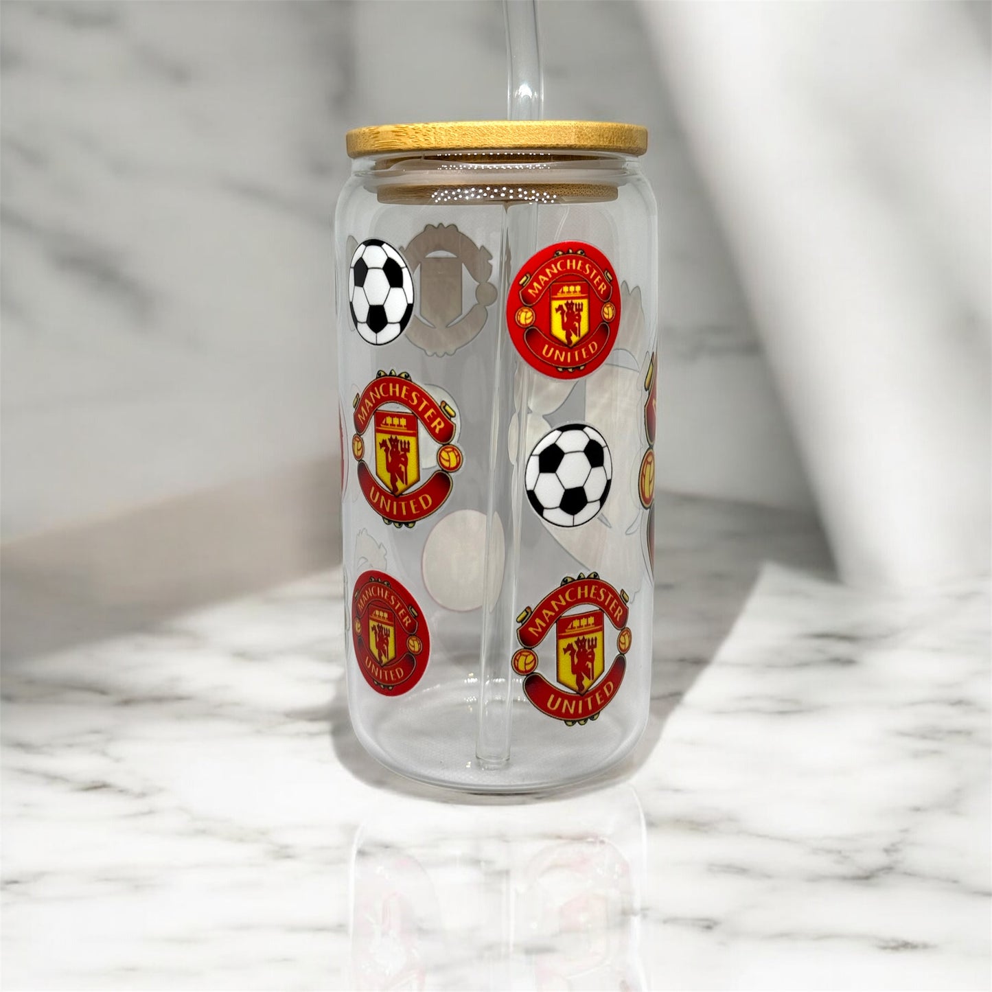 Manchester United Glass Tumbler Cup Libbey Can with Straw