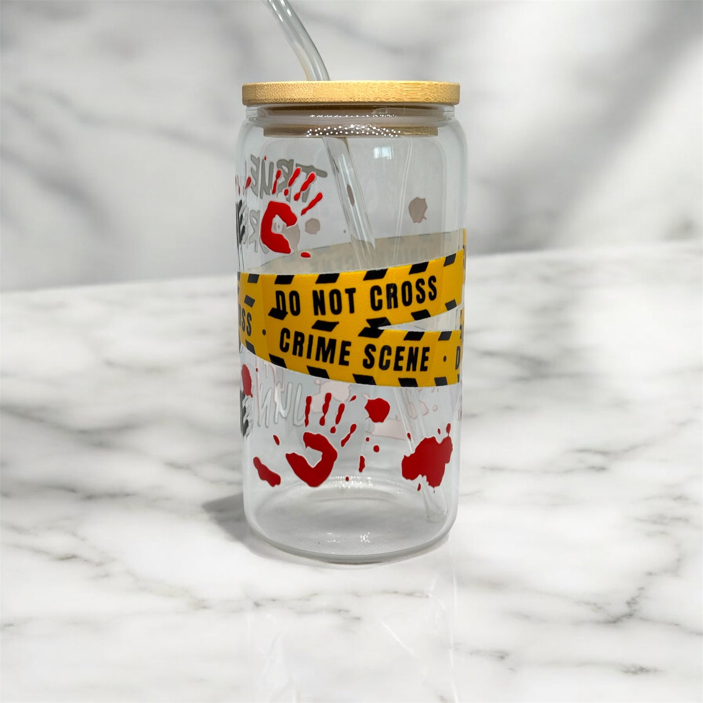 True Crime Glass Tumbler Cup Libbey Can with Straw
