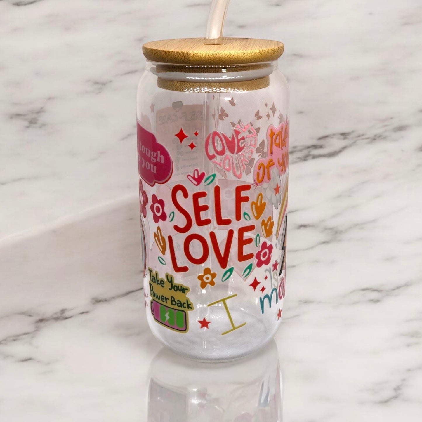 Self Love Glass Tumbler Cup Libbey Can with Straw