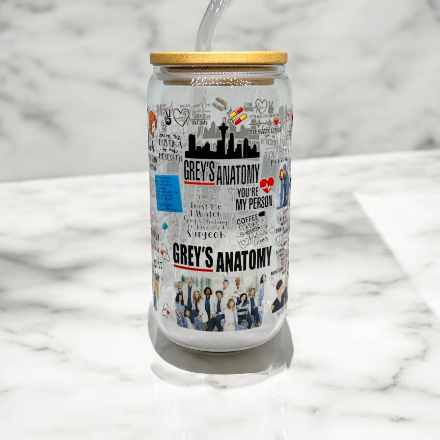 Greys Anatomy 16oz Glass Cup With Straw