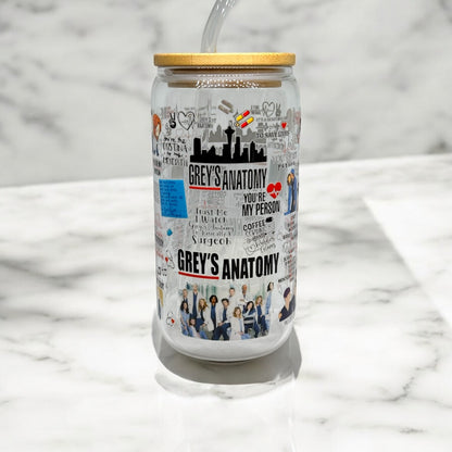 Greys Anatomy 16oz Glass Cup With Straw