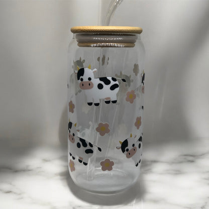 Cow Glass Tumbler Cup Libbey Can with Straw