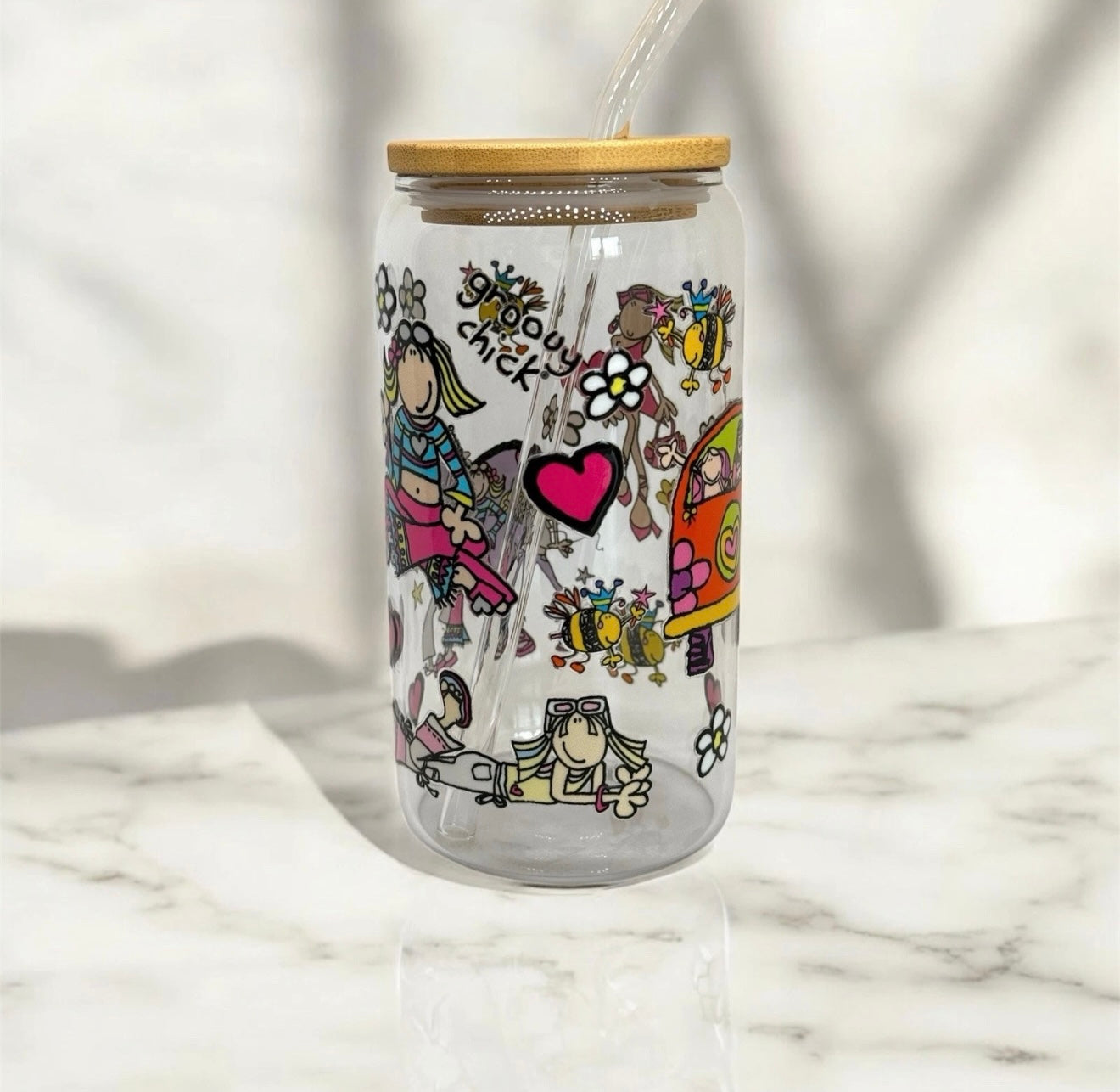 Groovy Chick 16oz glass with straw