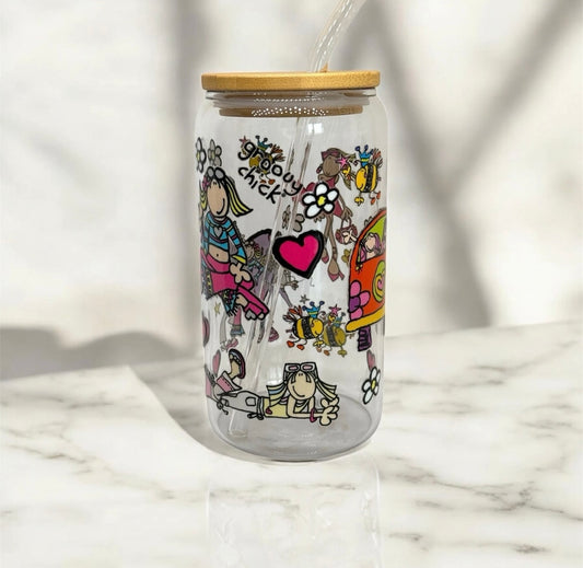 Groovy Chick 16oz glass with straw