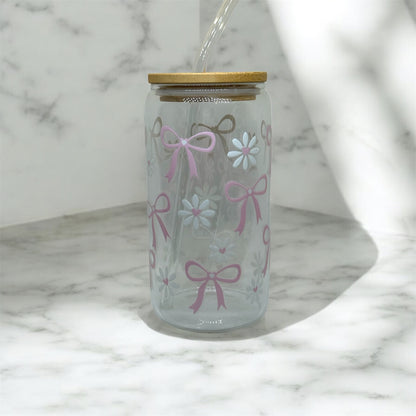 Daisy Bow Glass Tumbler Cup Libbey Can with Straw