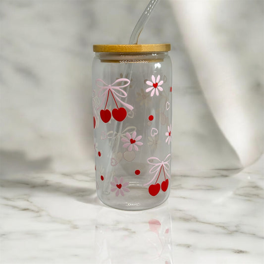 CherryBow 16oz Glass Libbey Can with Straw