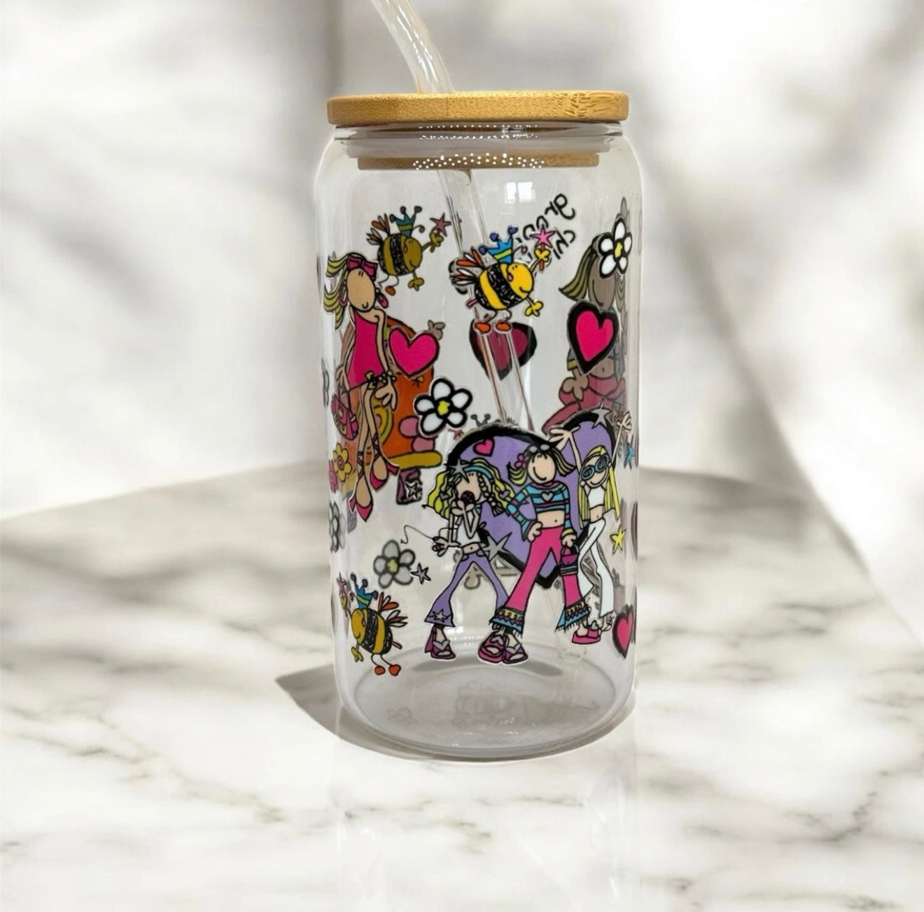 Groovy Chick 16oz glass with straw
