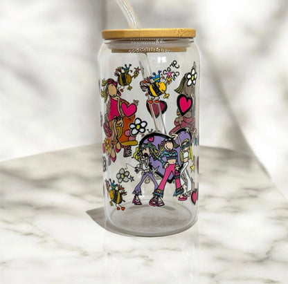 Groovy Chick 16oz glass with straw