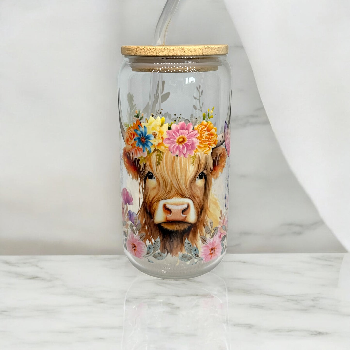 Highland Cow Glass Tumbler Cup Libbey Can with Straw