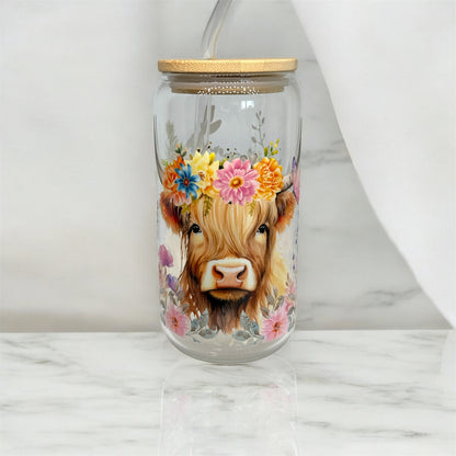 Highland Cow Glass Tumbler Cup Libbey Can with Straw