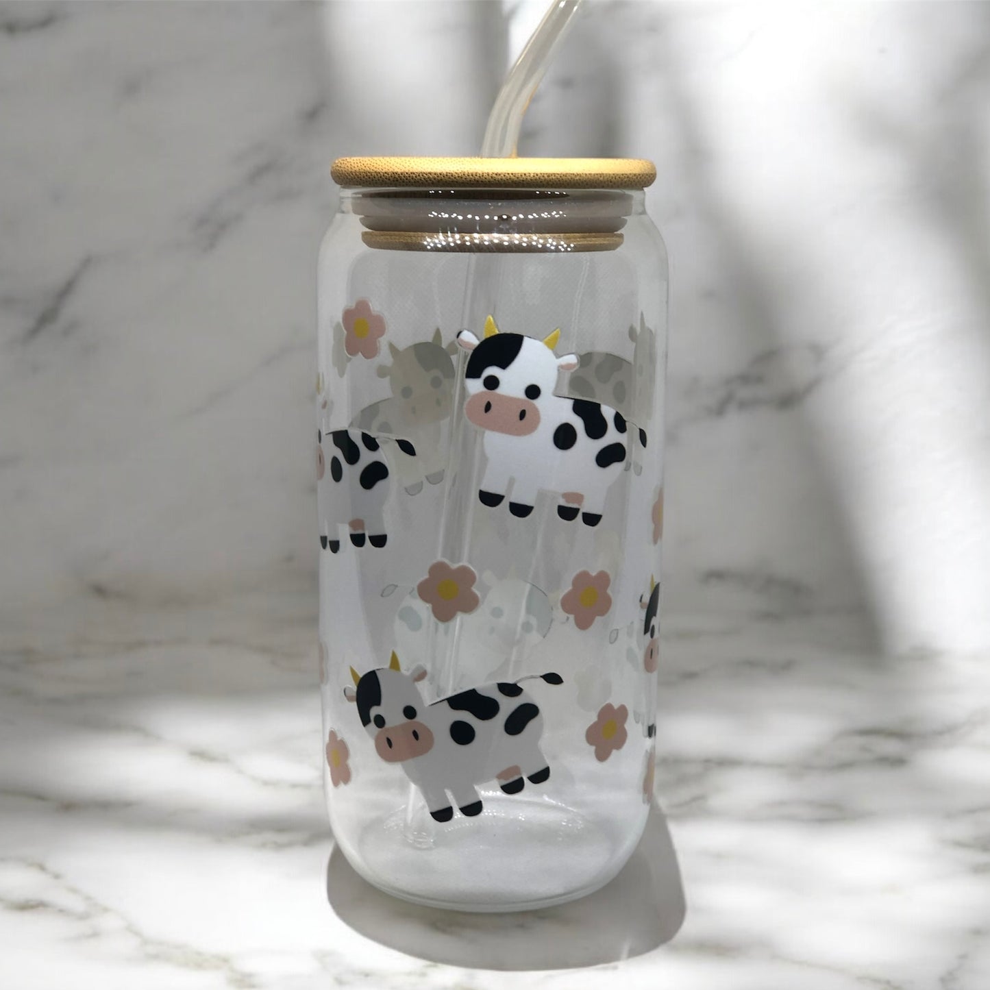 Cow Glass Tumbler Cup Libbey Can with Straw