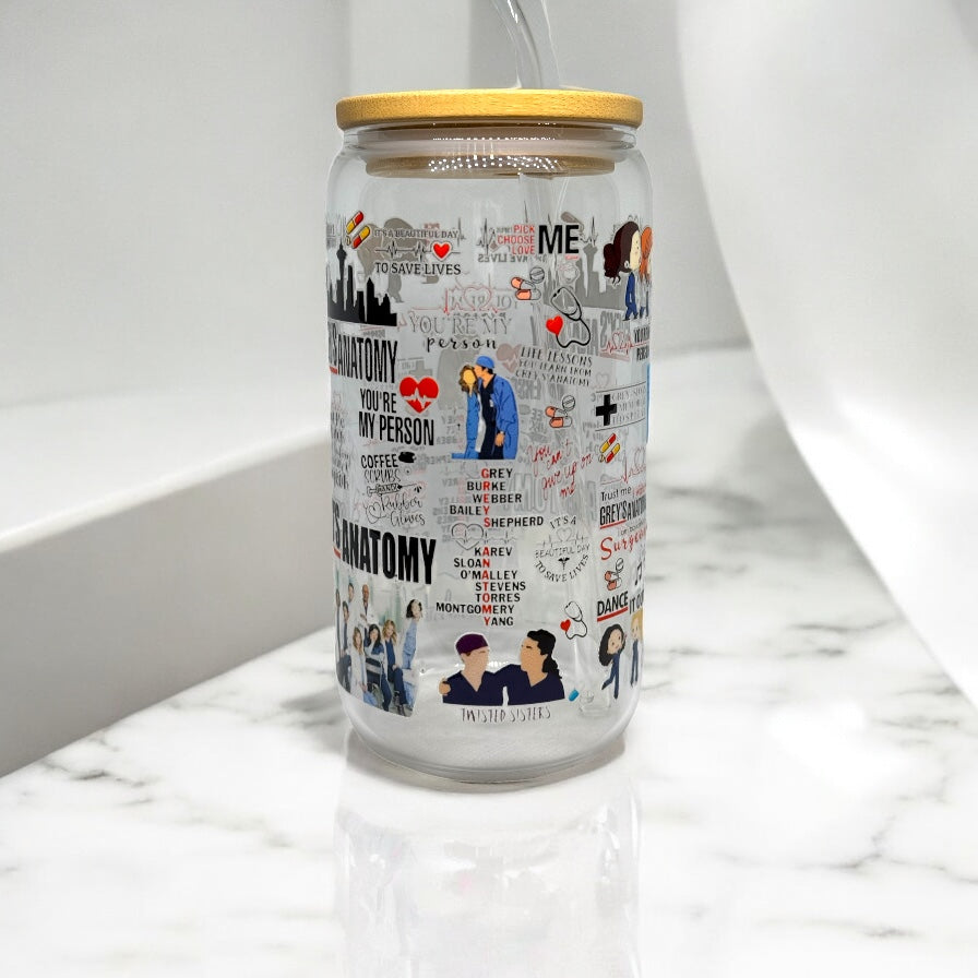 Greys Anatomy 16oz Glass Cup With Straw