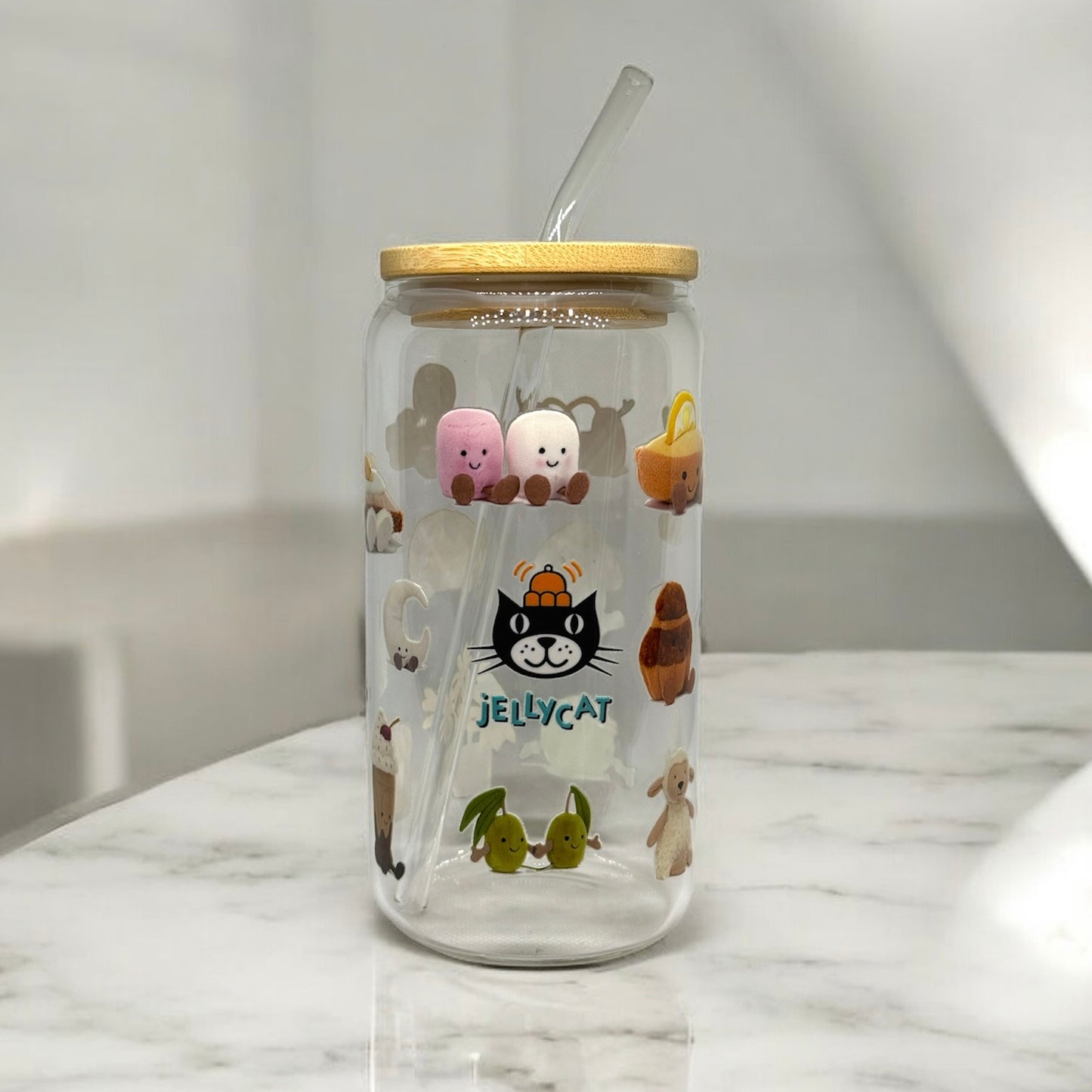 Jellycat 16oz Glass Libbey Can with Lid and Glass Straw