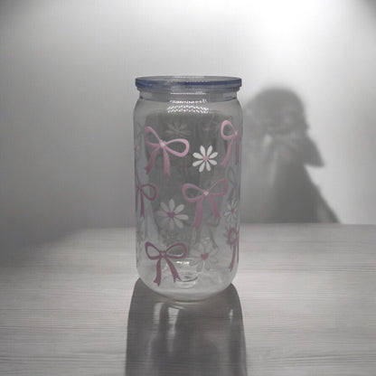 Daisy Bow Glass Tumbler Cup Libbey Can with Straw