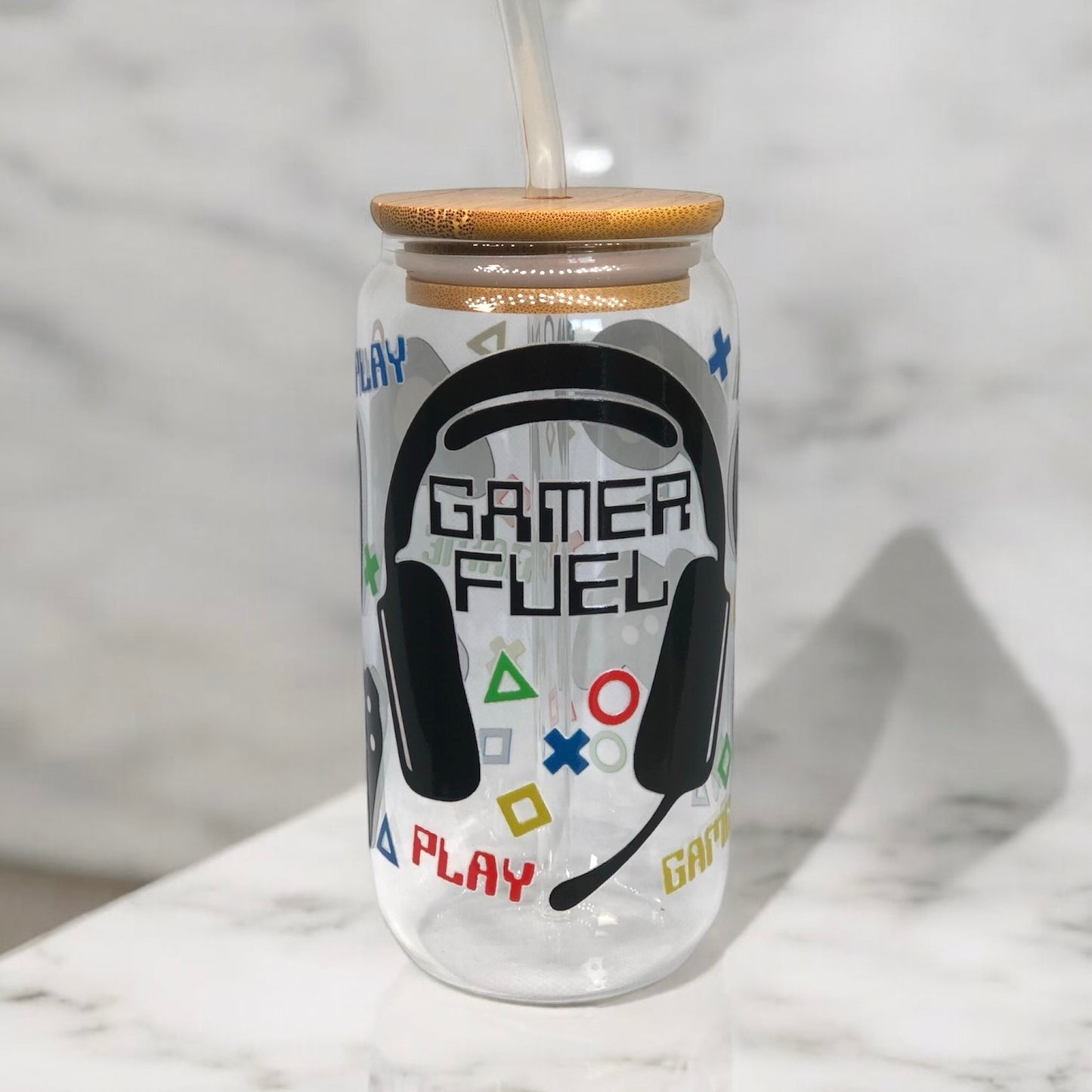 Gamer Fuel Glass Tumbler Cup Libbey Can with Straw