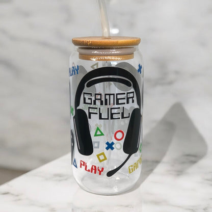 Gamer Fuel Glass Tumbler Cup Libbey Can with Straw