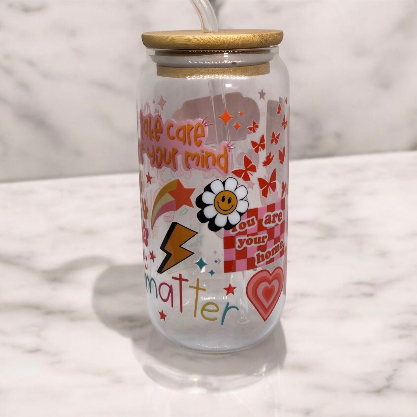 Self Love Glass Tumbler Cup Libbey Can with Straw