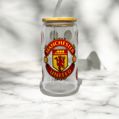 Manchester United Glass Tumbler Cup Libbey Can with Straw