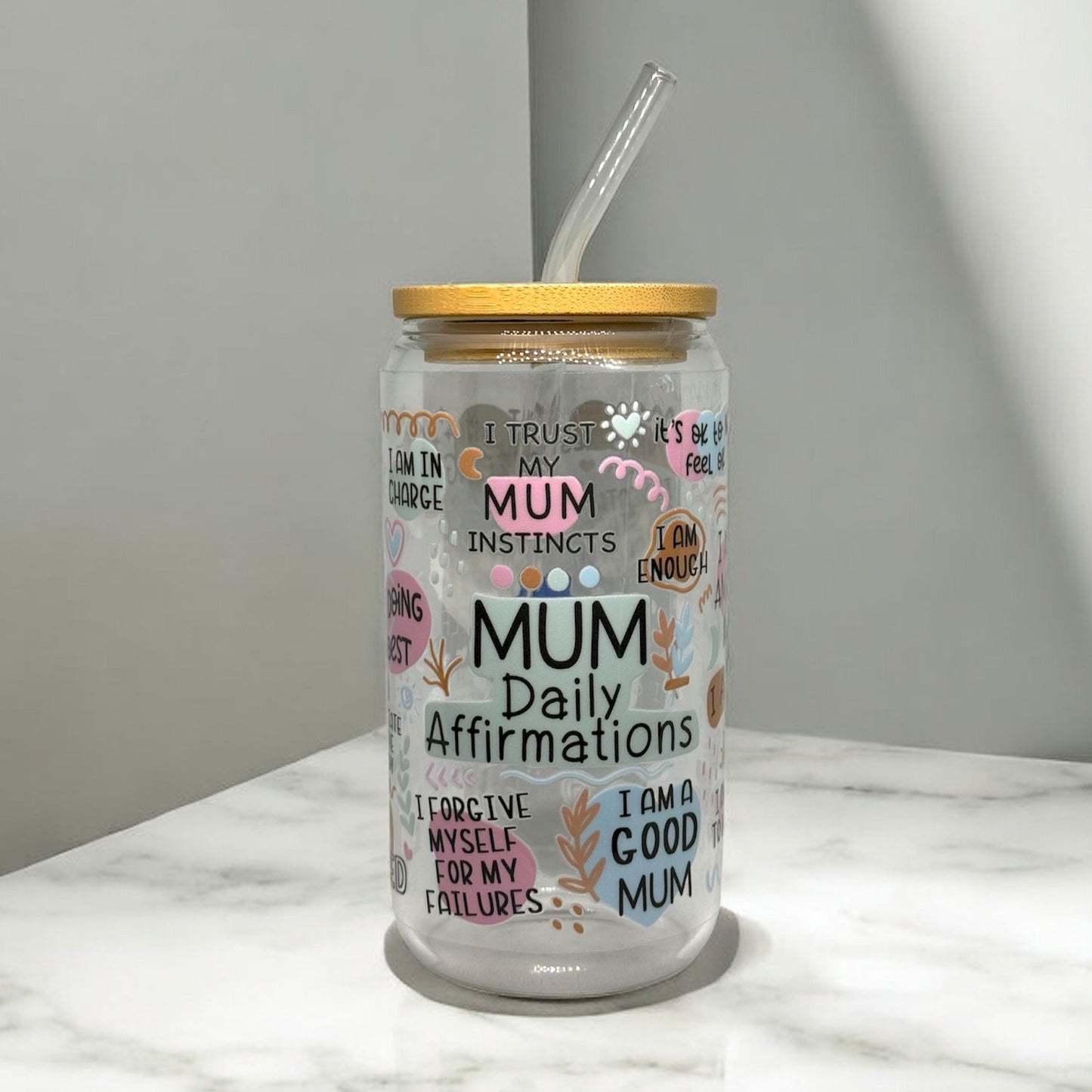 Mum 16oz glass cup with straw