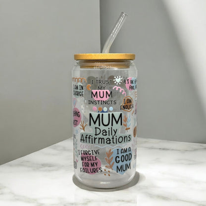 Mum 16oz glass cup with straw