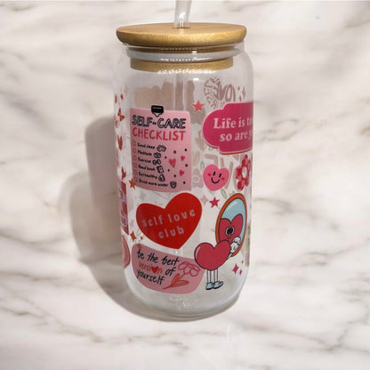 Self Love Glass Tumbler Cup Libbey Can with Straw