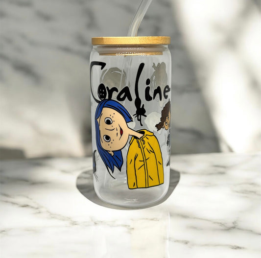 Coraline 16oz glass cup with straw