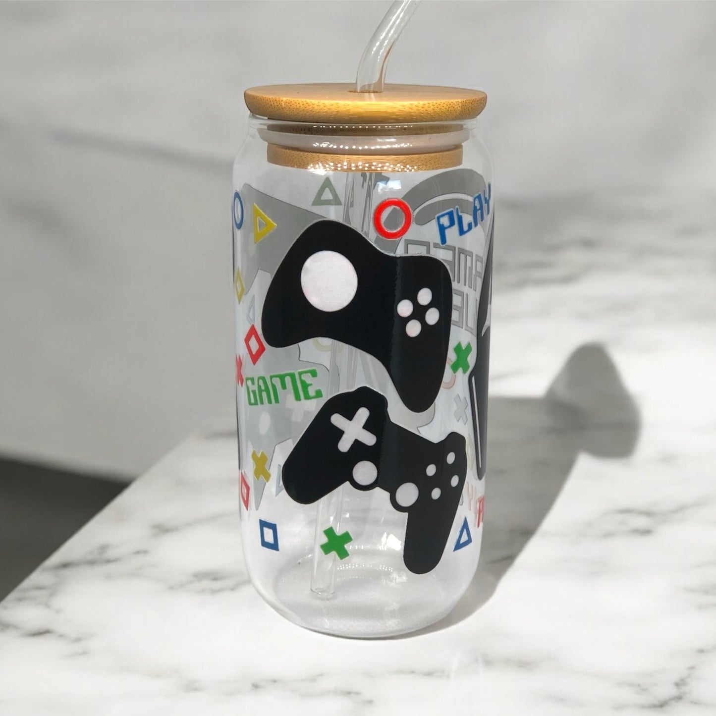 Gamer Fuel Glass Tumbler Cup Libbey Can with Straw