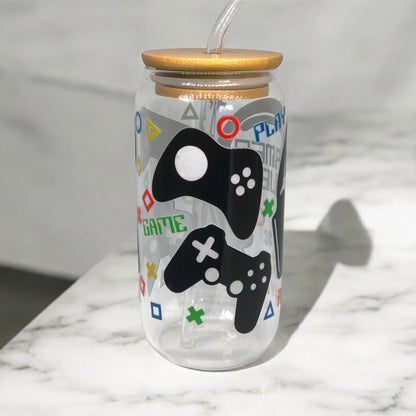 Gamer Fuel Glass Tumbler Cup Libbey Can with Straw