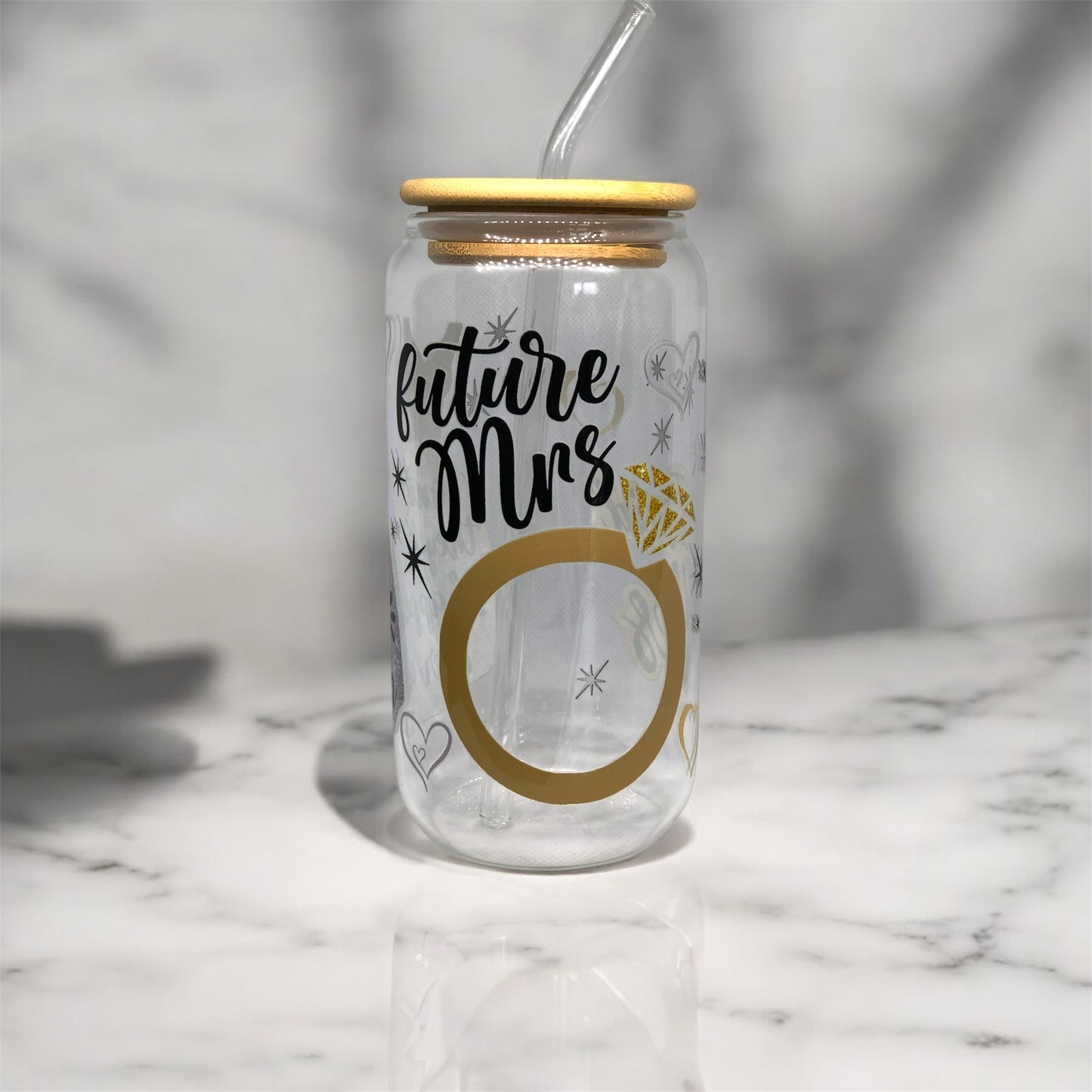 Engagement Glass Tumbler Cup Libbey Can with Straw