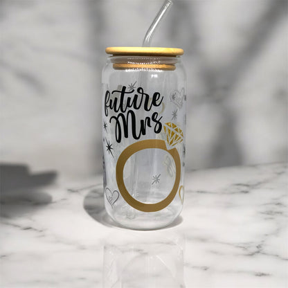 Engagement Glass Tumbler Cup Libbey Can with Straw