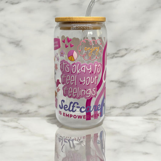 'Self-Care' Glass Tumbler Cup Libbey Can with Straw