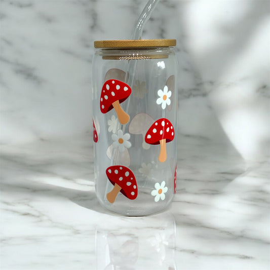 Mushroom Glass Tumbler Cup Libbey Can with Straw