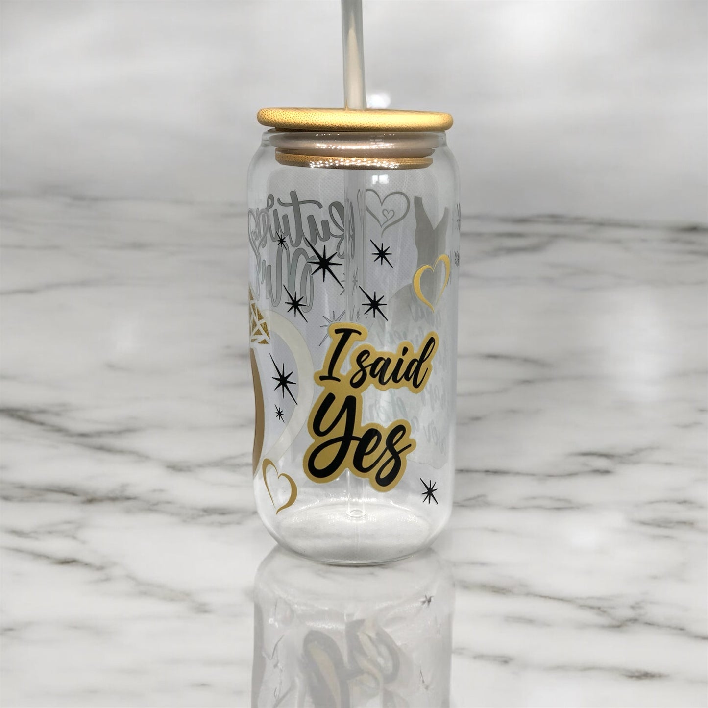 Engagement Glass Tumbler Cup Libbey Can with Straw