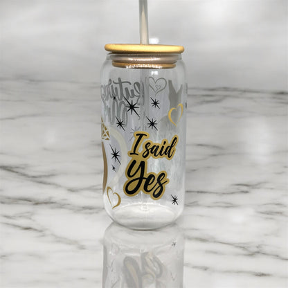 Engagement Glass Tumbler Cup Libbey Can with Straw