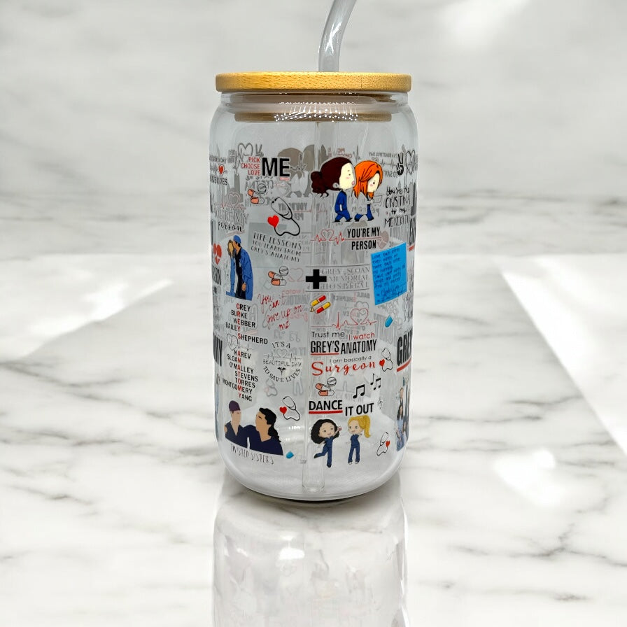 Greys Anatomy 16oz Glass Cup With Straw