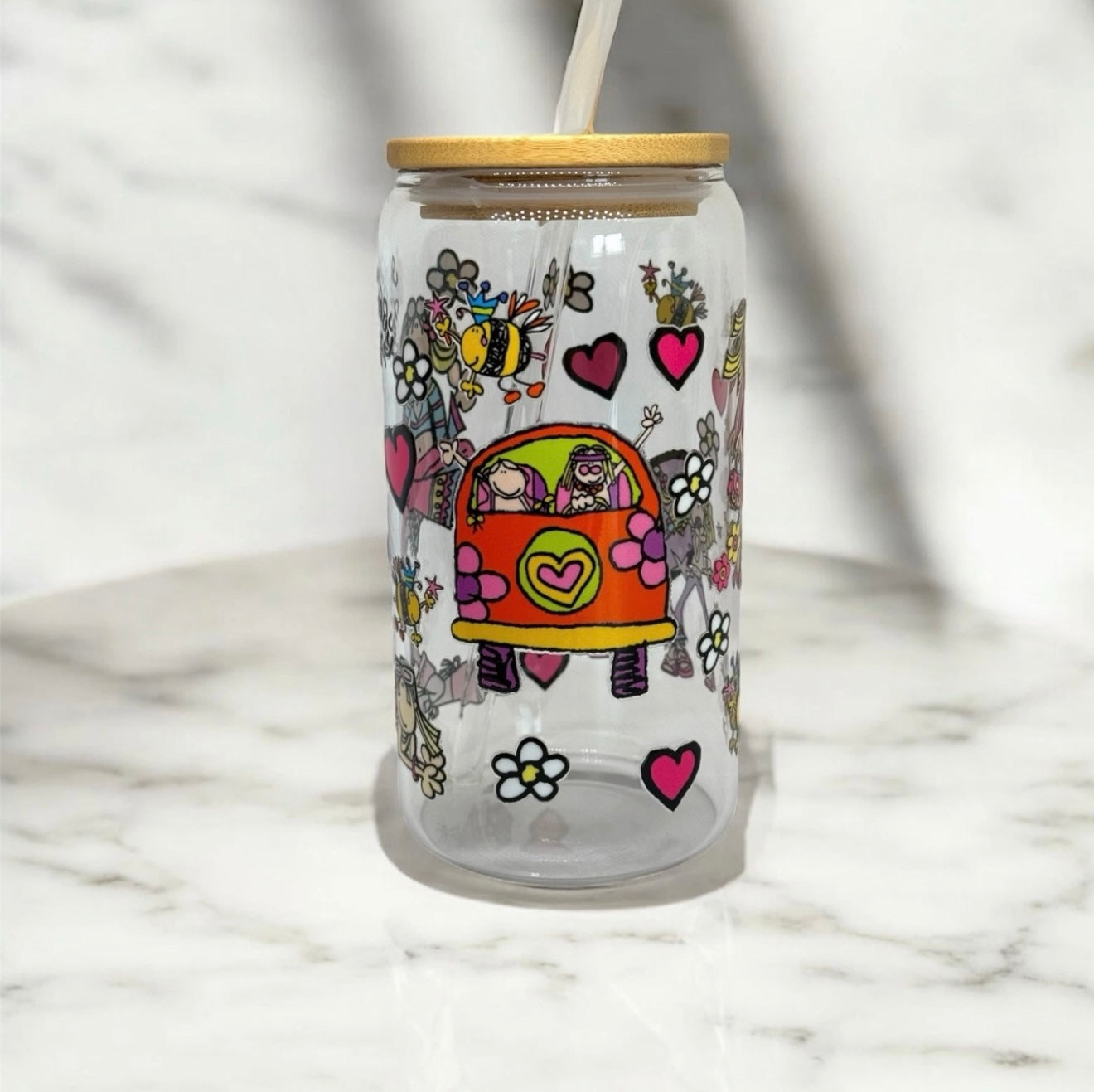 Groovy Chick 16oz glass with straw