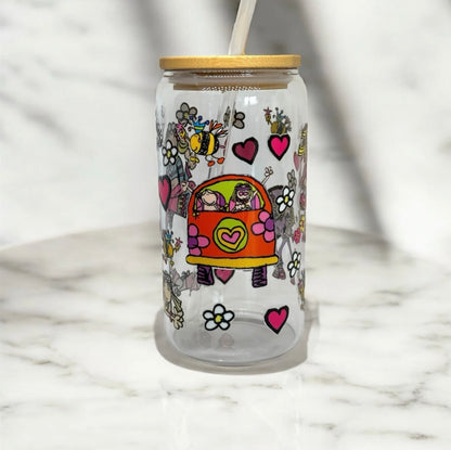 Groovy Chick 16oz glass with straw